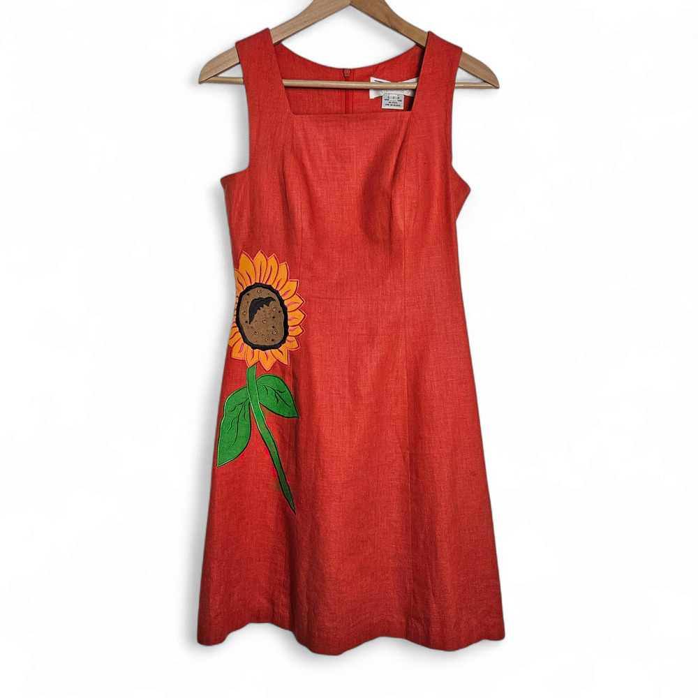 Deborah Laws Vintage Linen Cotton Sunflower Sleeveless Sheath Dress Size 2